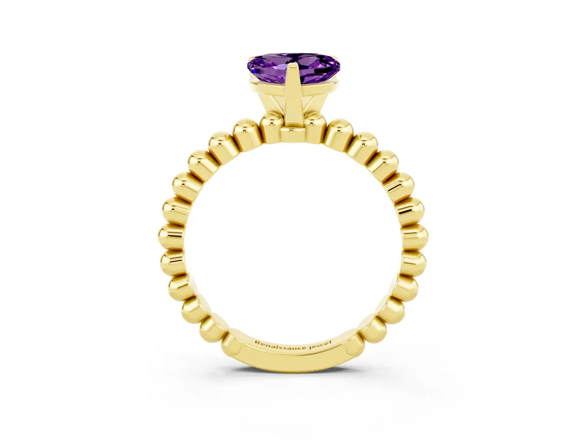 Heart Cut Amethyst Solitaire Ring with Beaded Band and Prong Setting Yellow gold
