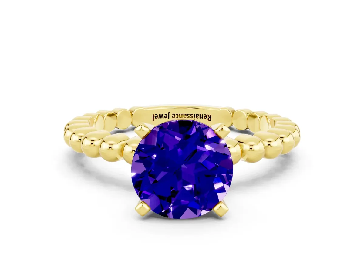 Round Cut Tanzanite Solitaire Ring with Beaded Band and Prong Setting Yellow gold