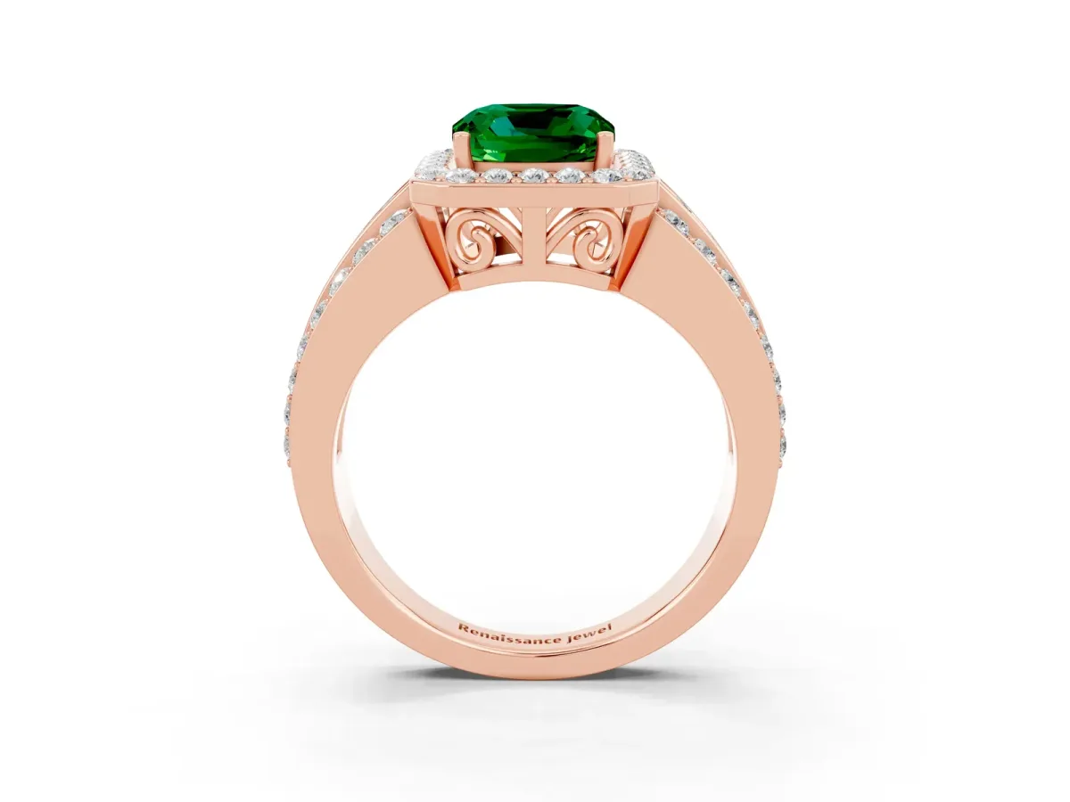 Cushion Cut Halo Emerald Ring with Round Split Shank and Prong Setting Rose gold