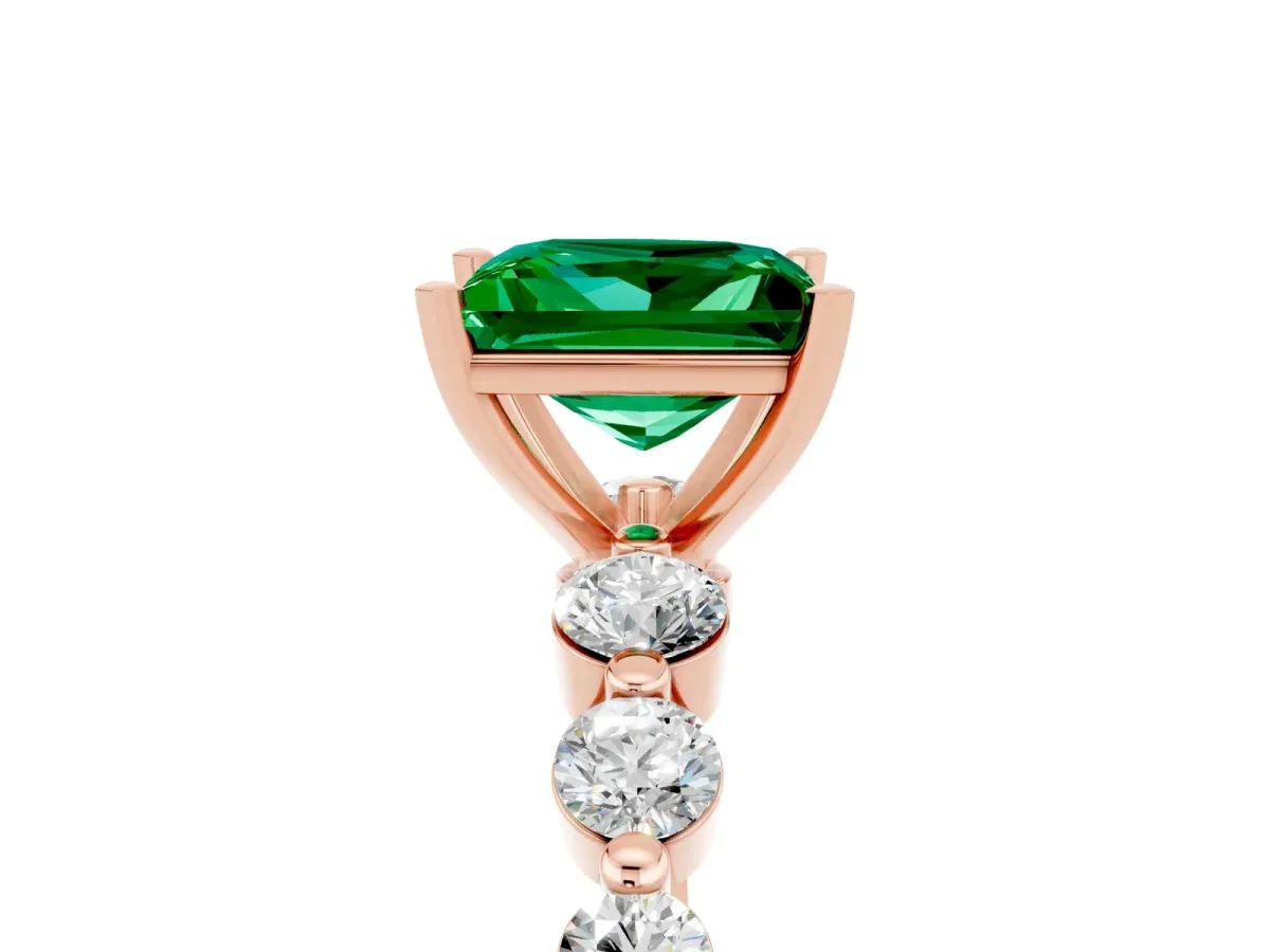Princess Cut Solitaire Emerald Ring with Pave Band and Four-Prong Setting Rose gold