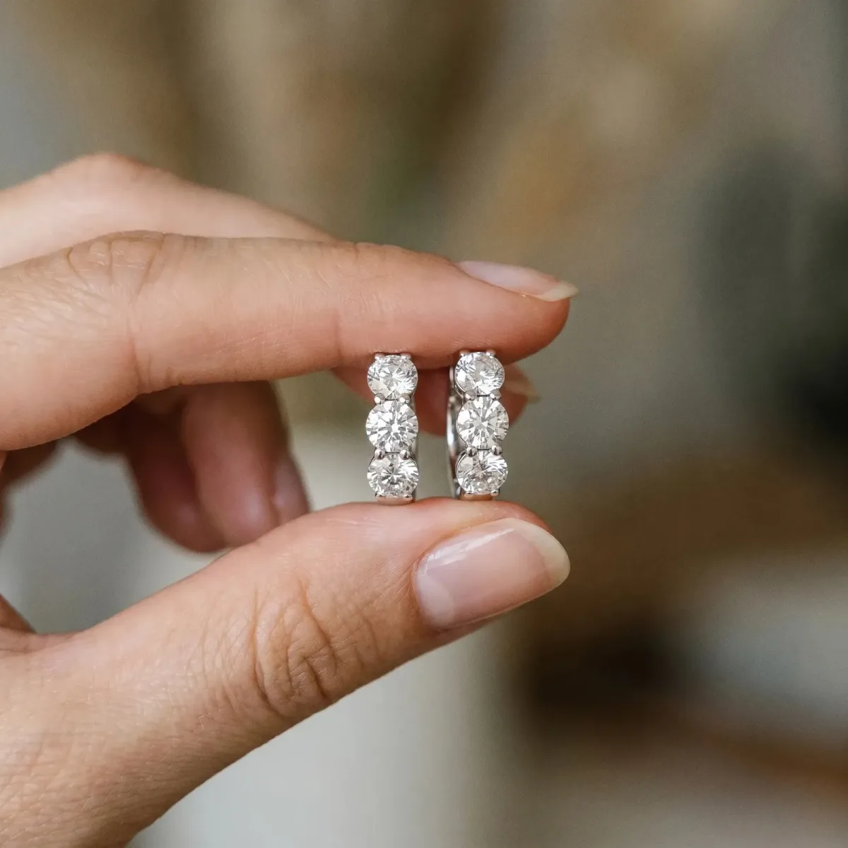 Triple Round Diamond Huggie Earrings with Prong Setting Silver