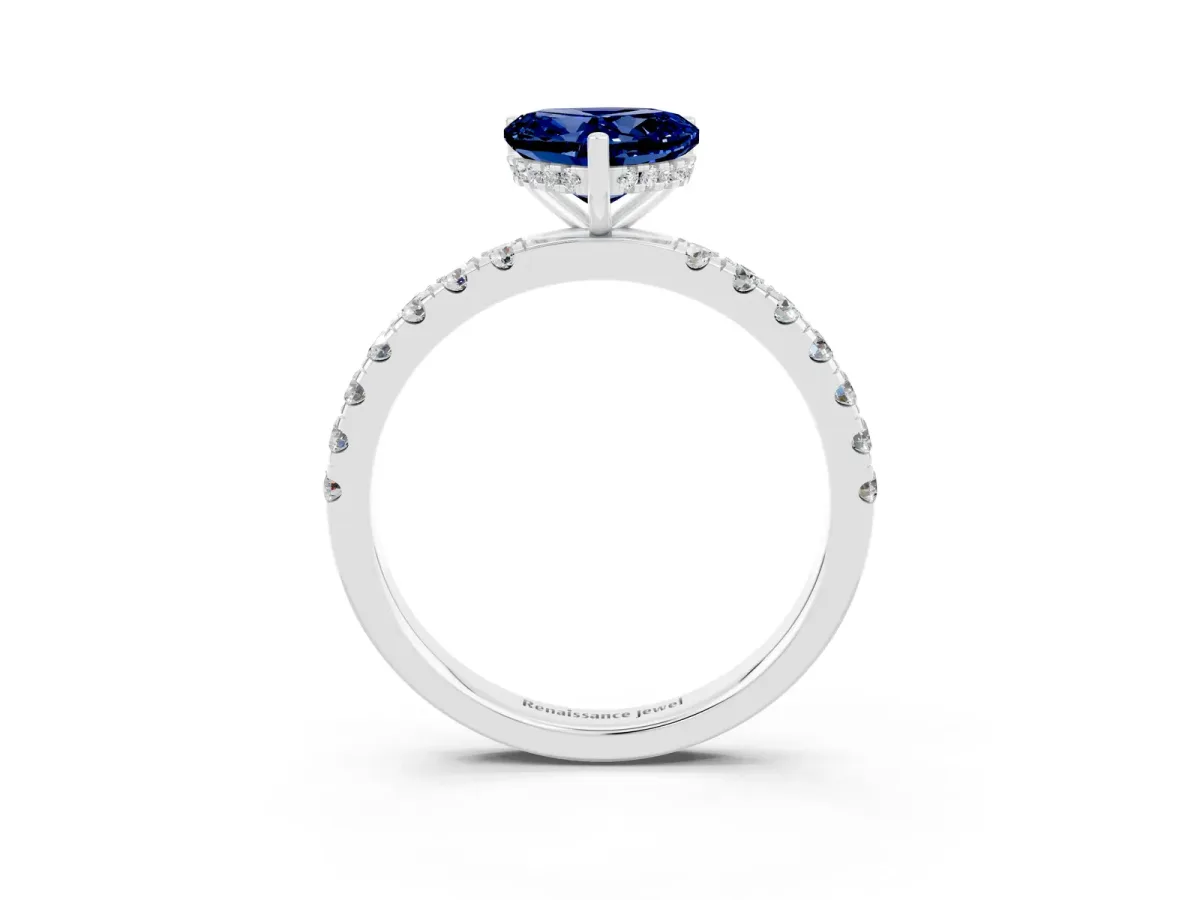 Heart Cut Blue Sapphire Pave Band Solitaire Ring with Round and Prong Setting Platinum