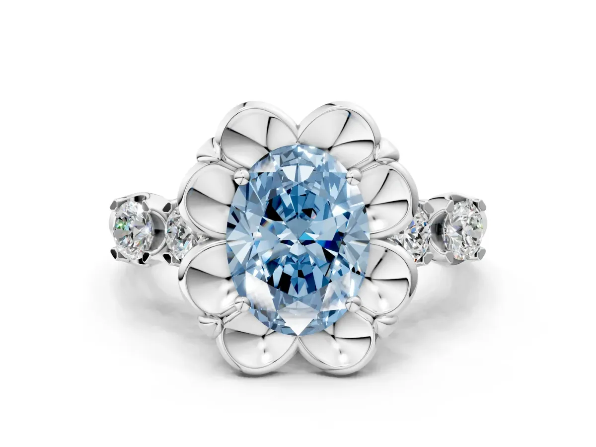 Fancy Blue Oval Cut Cut Diamond Floral Halo Engagement Ring with Shared Prong Setting Platinum