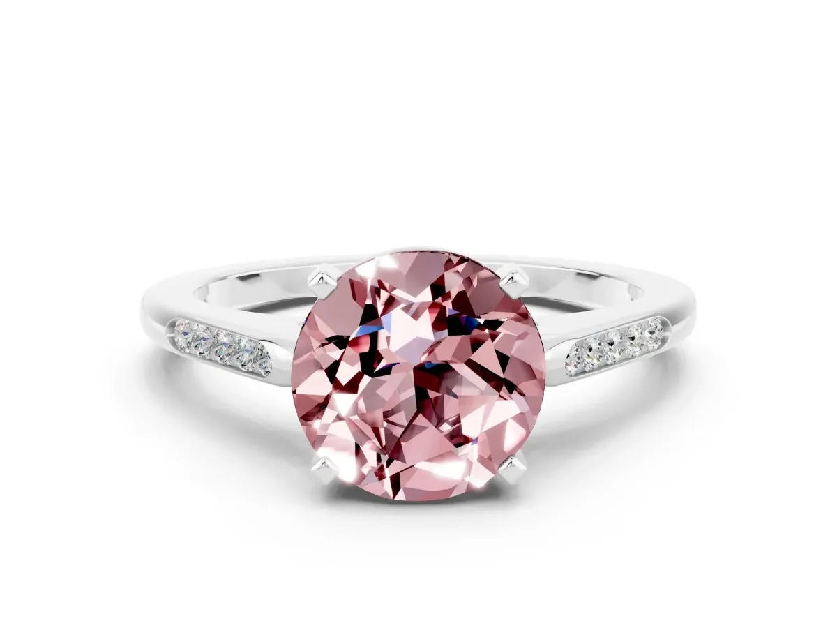 Round Cut Morganite Solitaire Ring with Channel Set Round Band and Prong Setting Silver