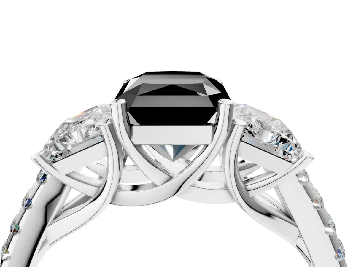 Fancy Black Three-Stone Radiant Cut Diamond Ring with Round Pavé Band and Prong Setting Silver