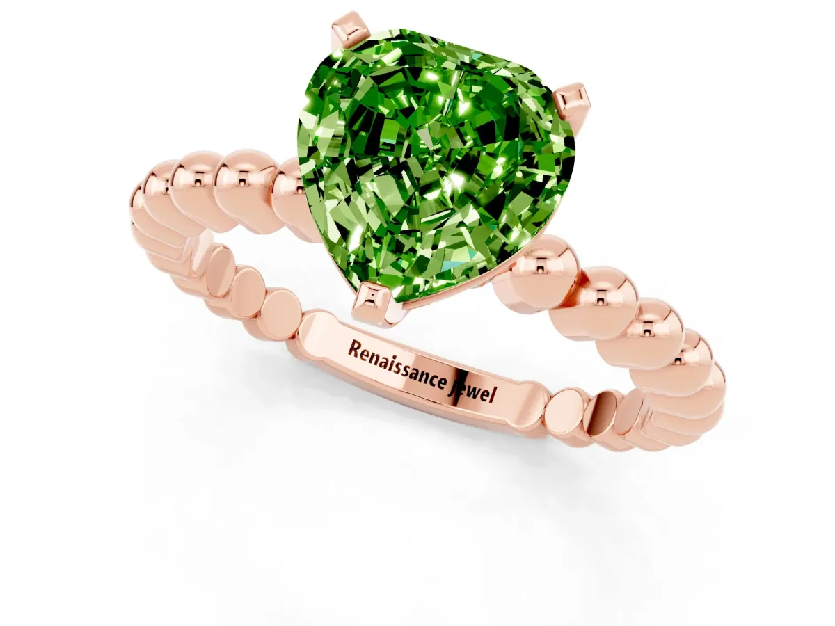 Heart Cut Peridot Solitaire Ring with Beaded Band and Prong Setting Rose gold