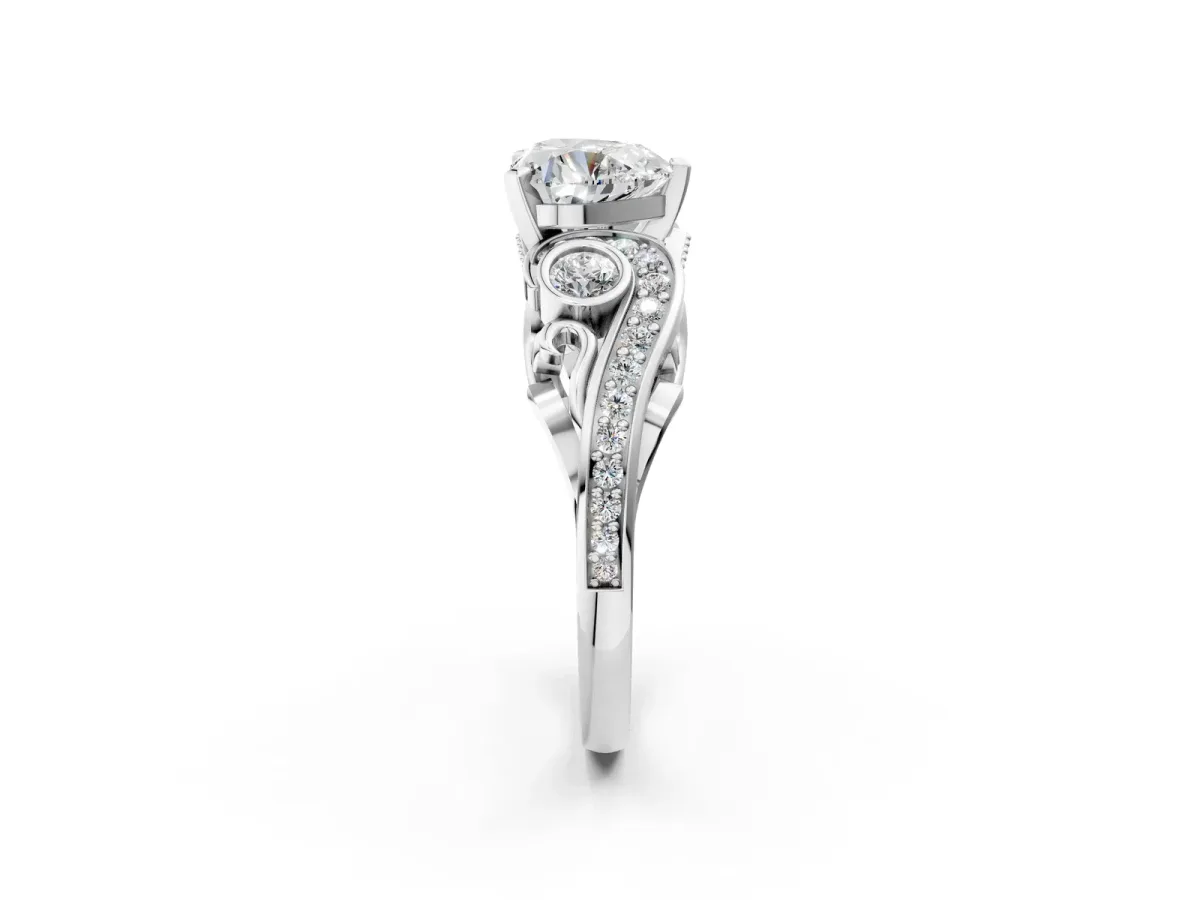 Heart Cut Diamond Solitaire Ring with Milgrain Pavé Band and Four-Prong Setting Silver