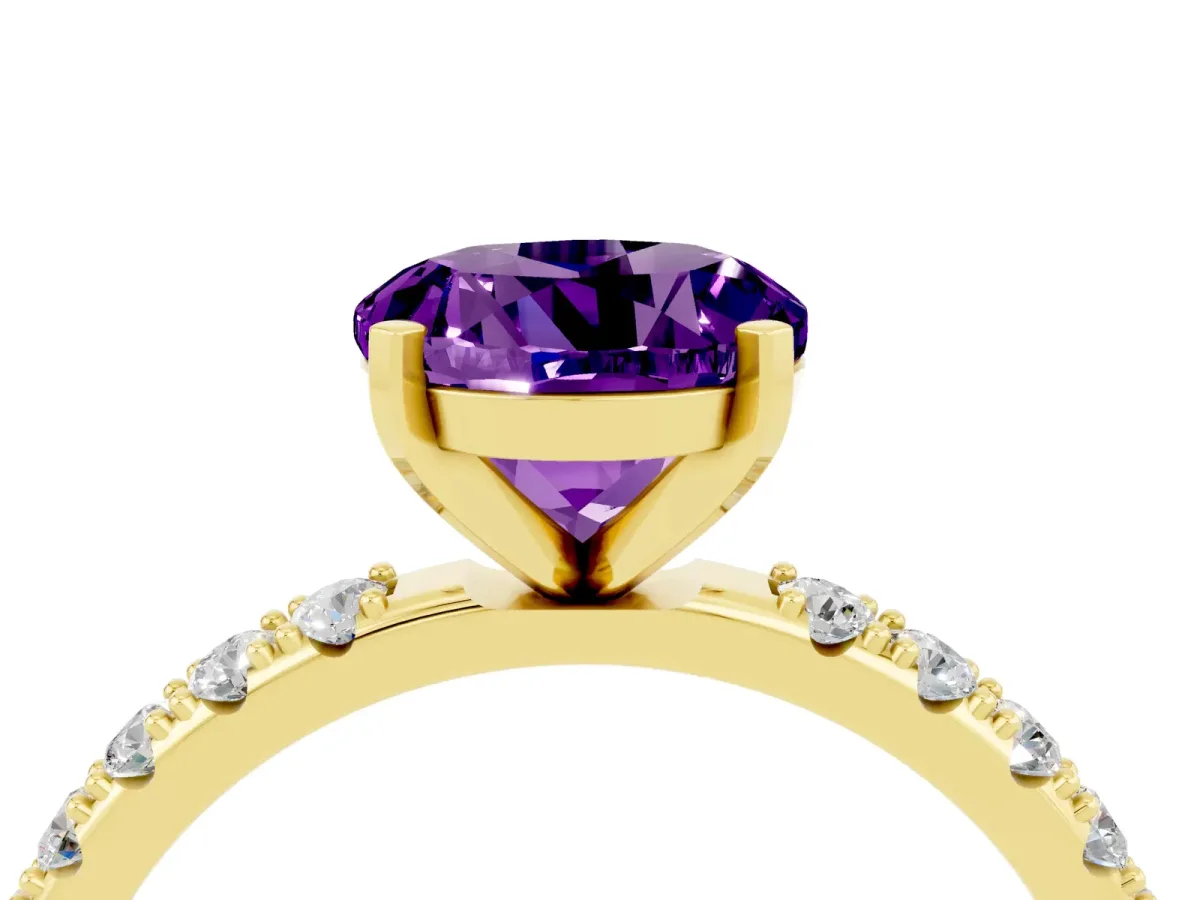 Round Cut Amethyst Solitaire Pavé Band with Four-Prong Setting Yellow gold