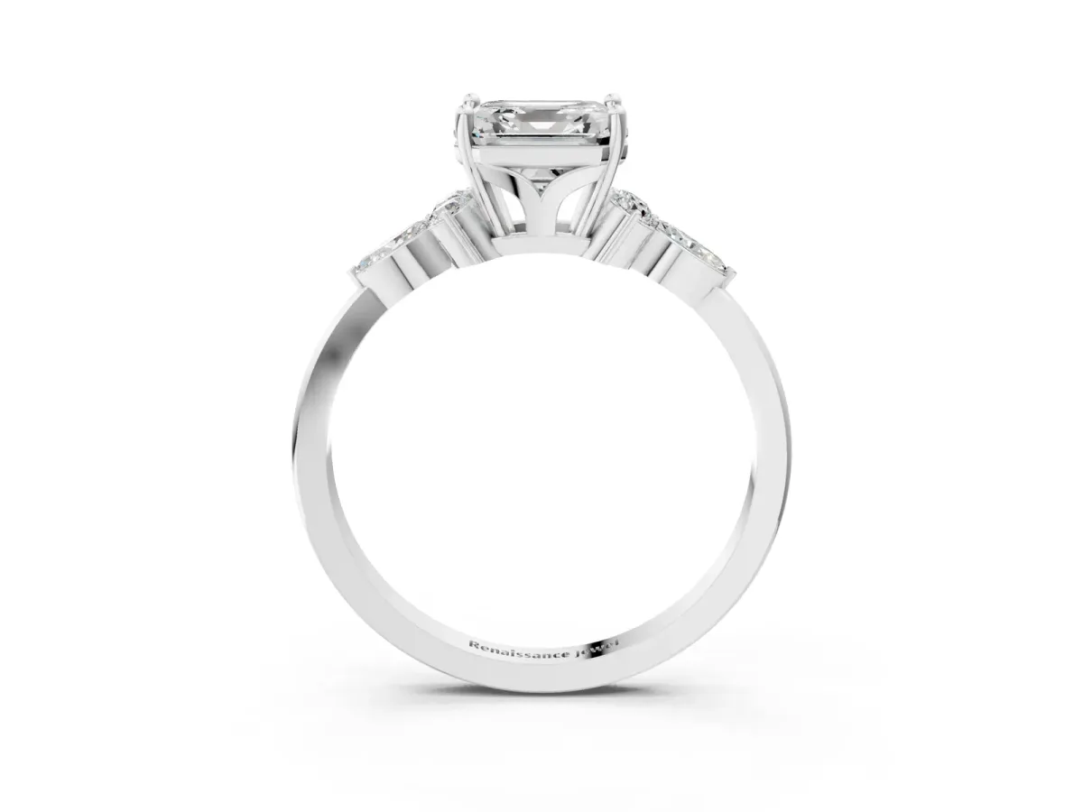 Asscher Cut Brilliant Diamond Solitaire Ring with Pear Side Stones and Four-Prong Setting Platinum