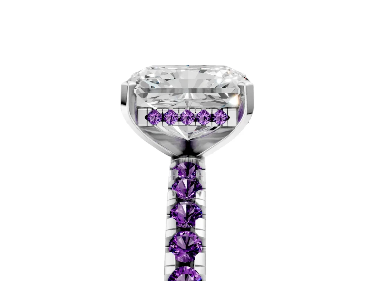 Radiant Cut Diamond Solitaire Ring with Round Amethyst Pavé Band and Four-Prong Setting Silver
