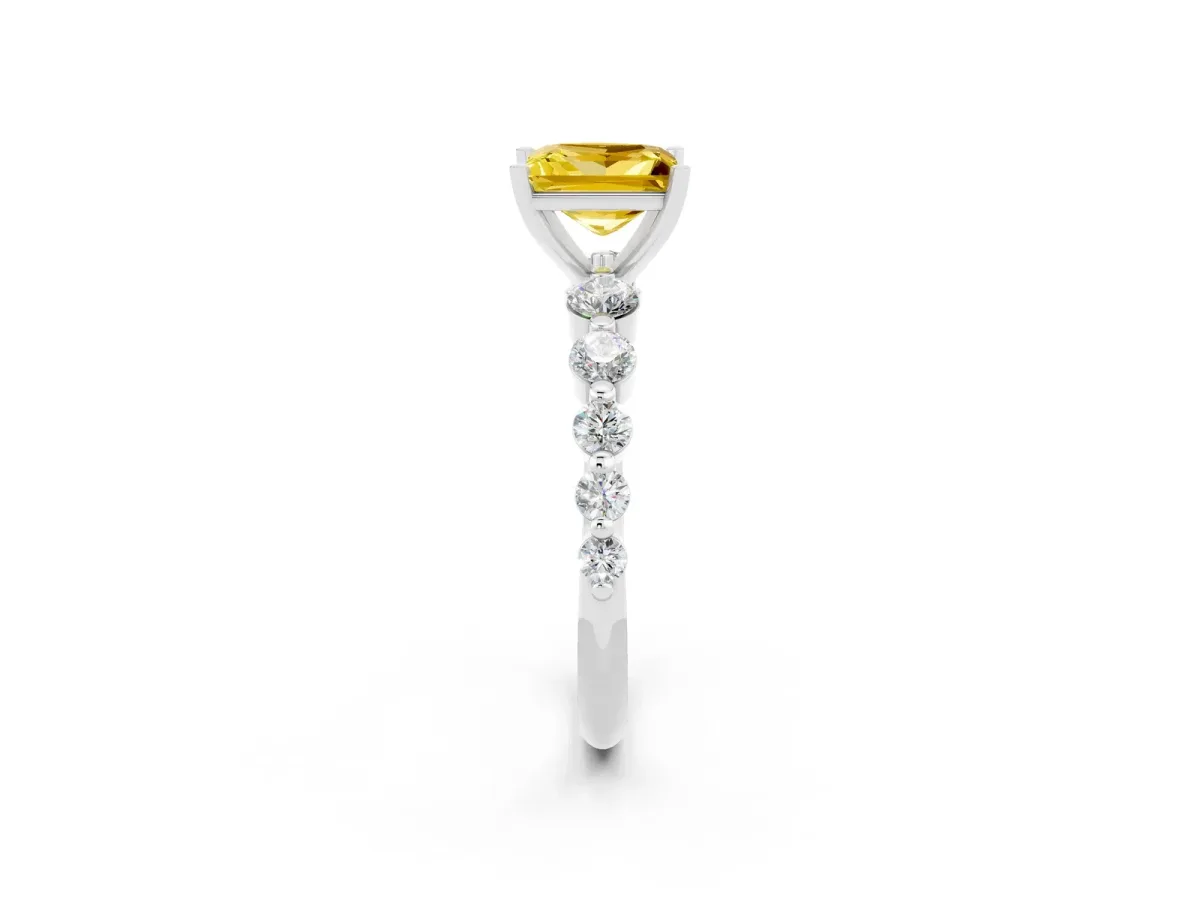 Princess Cut Solitaire Yellow Sapphire Ring with Pave Band and Four-Prong Setting Silver