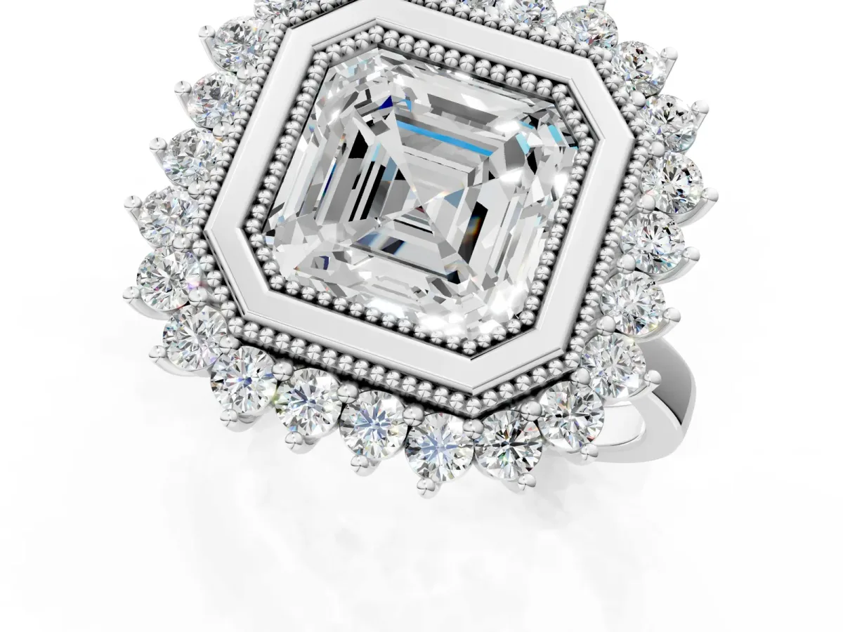Asscher Cut Halo Diamond Ring with Milgrain Edge and Round Prong Setting Platinum