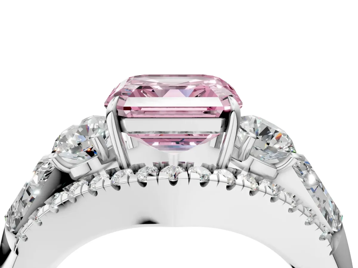Fancy Pink Three-Stone Asscher Cut Diamond Engagement Ring with Pave Band and Prong Setting Platinum