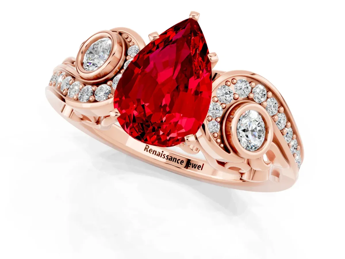 Pear Cut Ruby Solitaire Ring with Milgrain Pavé Band and Four-Prong Setting Rose gold