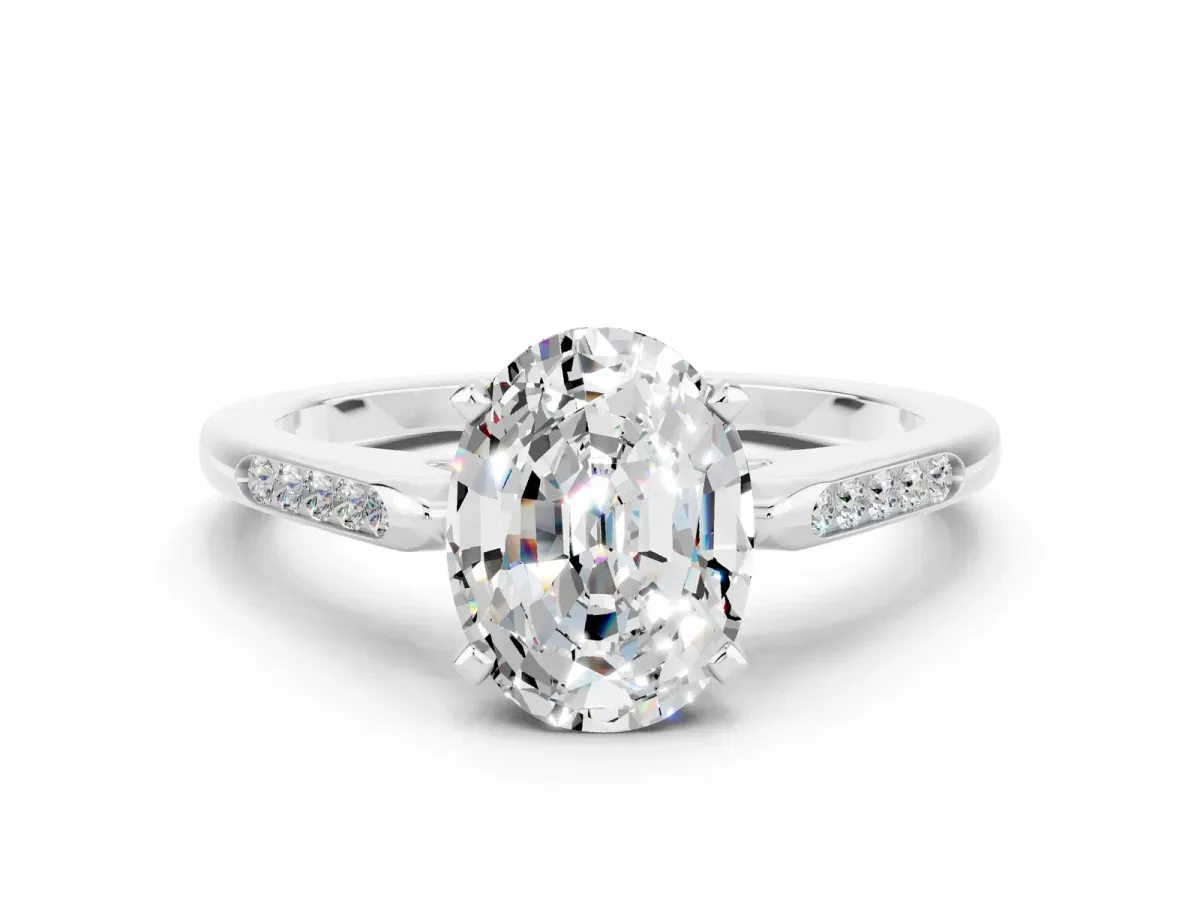 Oval Cut Moissanite Solitaire Ring with Channel Set Round Band and Prong Setting Silver
