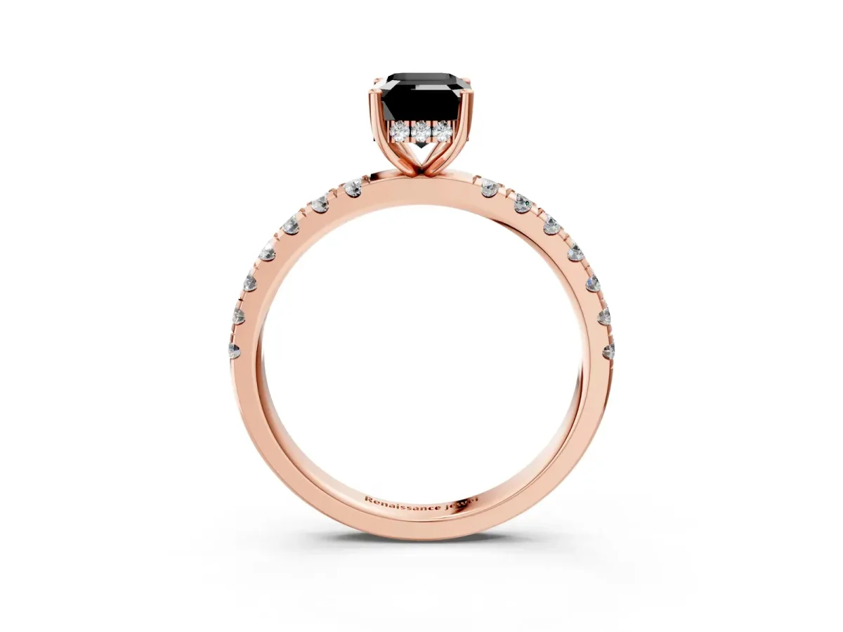 Fancy Black Emerald Cut Diamond Pave Band Solitaire Ring with Round and Prong Setting Rose gold