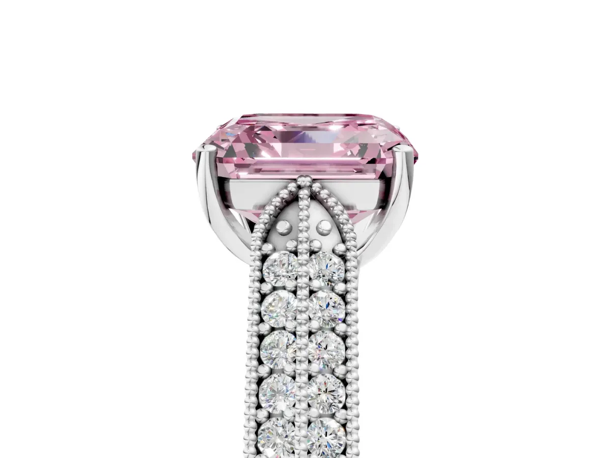 Fancy Pink Asscher Cut Cut Pave Split Shank Engagement Ring with Four-Prong Setting Platinum