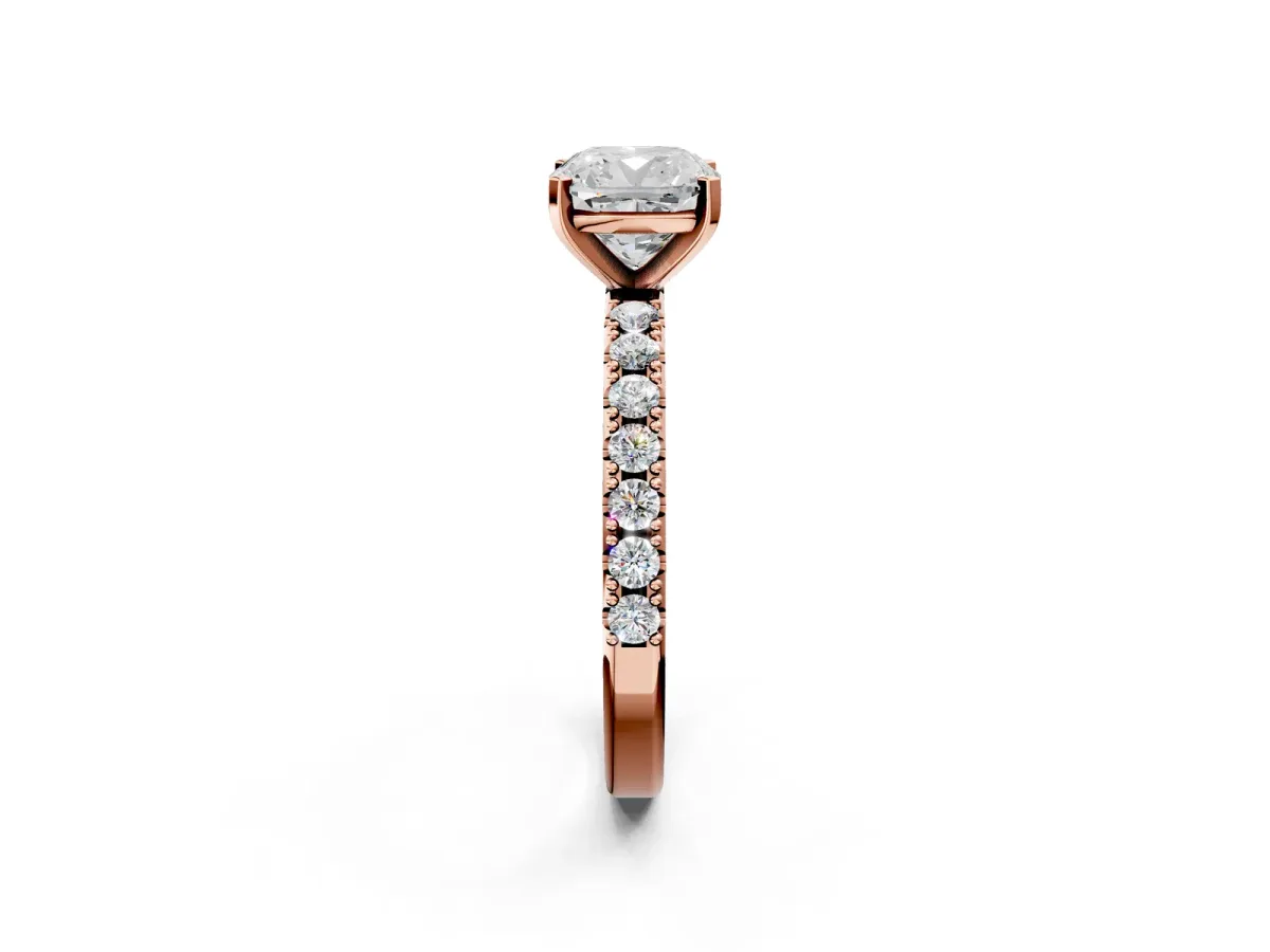 Cushion Cut Diamond Solitaire Pavé Band with Four-Prong Setting Rose gold