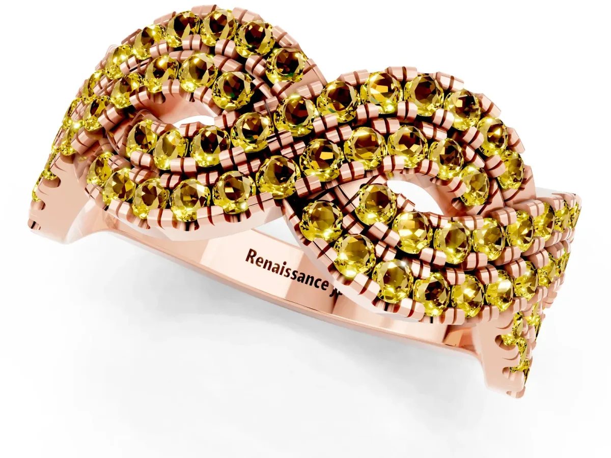 Pavé Round Yellow Sapphire Infinity Twist Band with Shared Prong Setting Rose gold