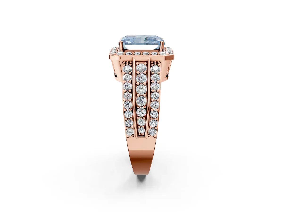 Fancy Blue Radiant Cut Halo Diamond Ring with Round Split Shank and Prong Setting Rose gold