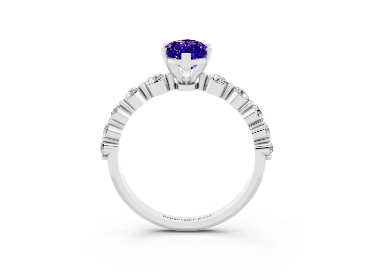 Marquise Cut Solitaire Tanzanite Ring with Pave Band and Four-Prong Setting Silver