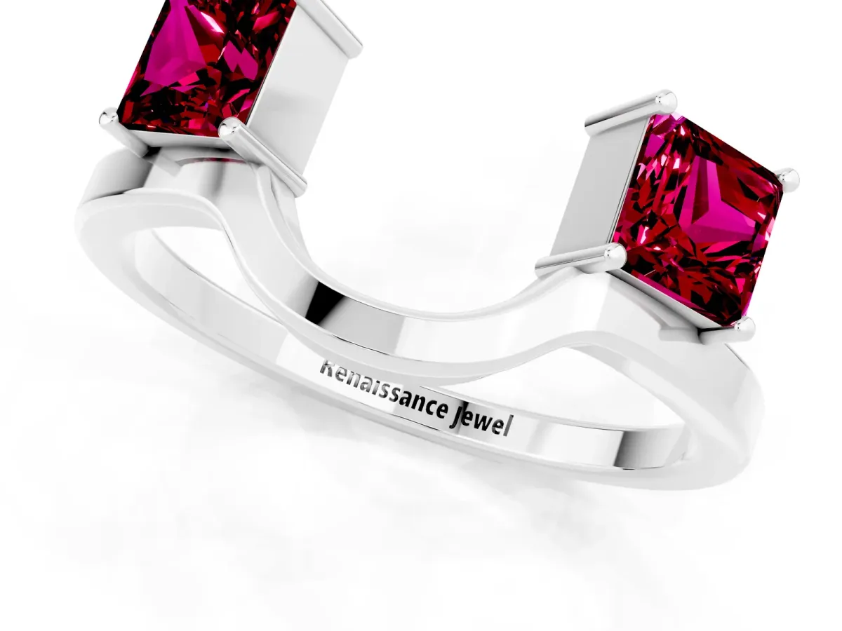 Princess Cut Garnet Two-Stone Open Band Ring with Four-Prong Setting White gold