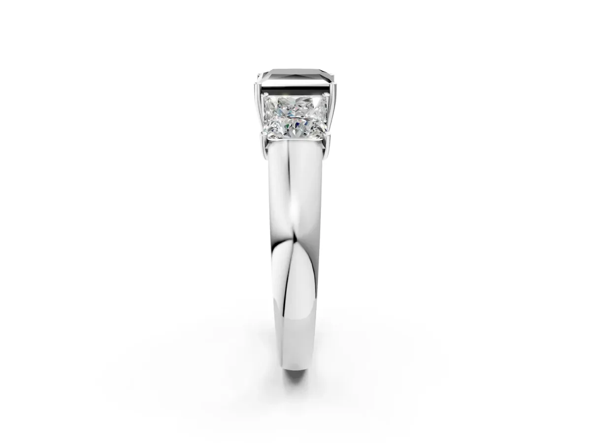 Fancy Black Three-Stone Princess Cut Cut Diamond Ring with Prong Setting and Classic Band White gold