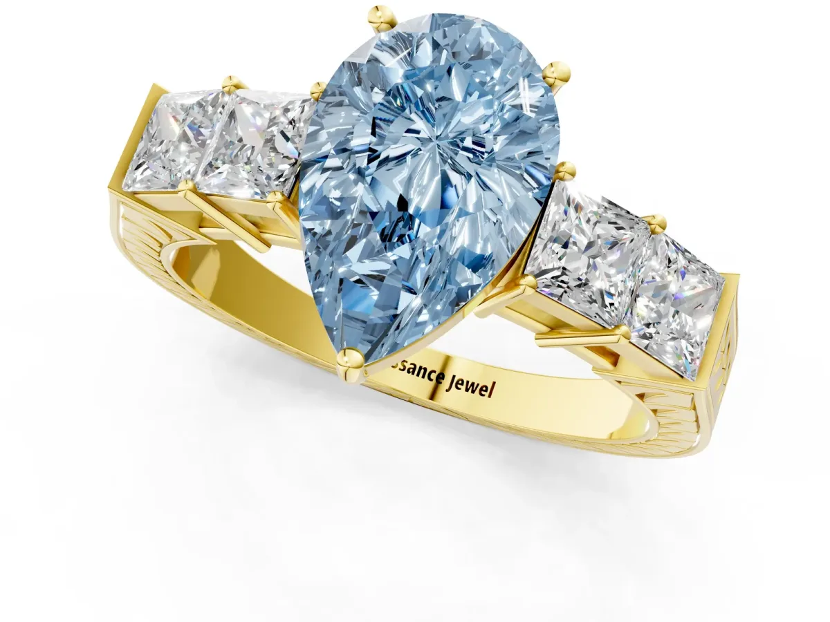 Fancy Blue Pear Cut Solitaire Princess Side Stone Engraved Band Prong Setting Ring Yellow gold