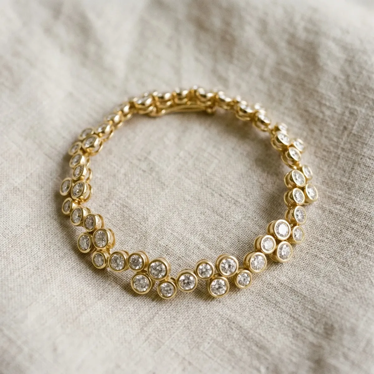 Bezel Set Round Diamond Cluster Tennis Bracelet Yellow gold