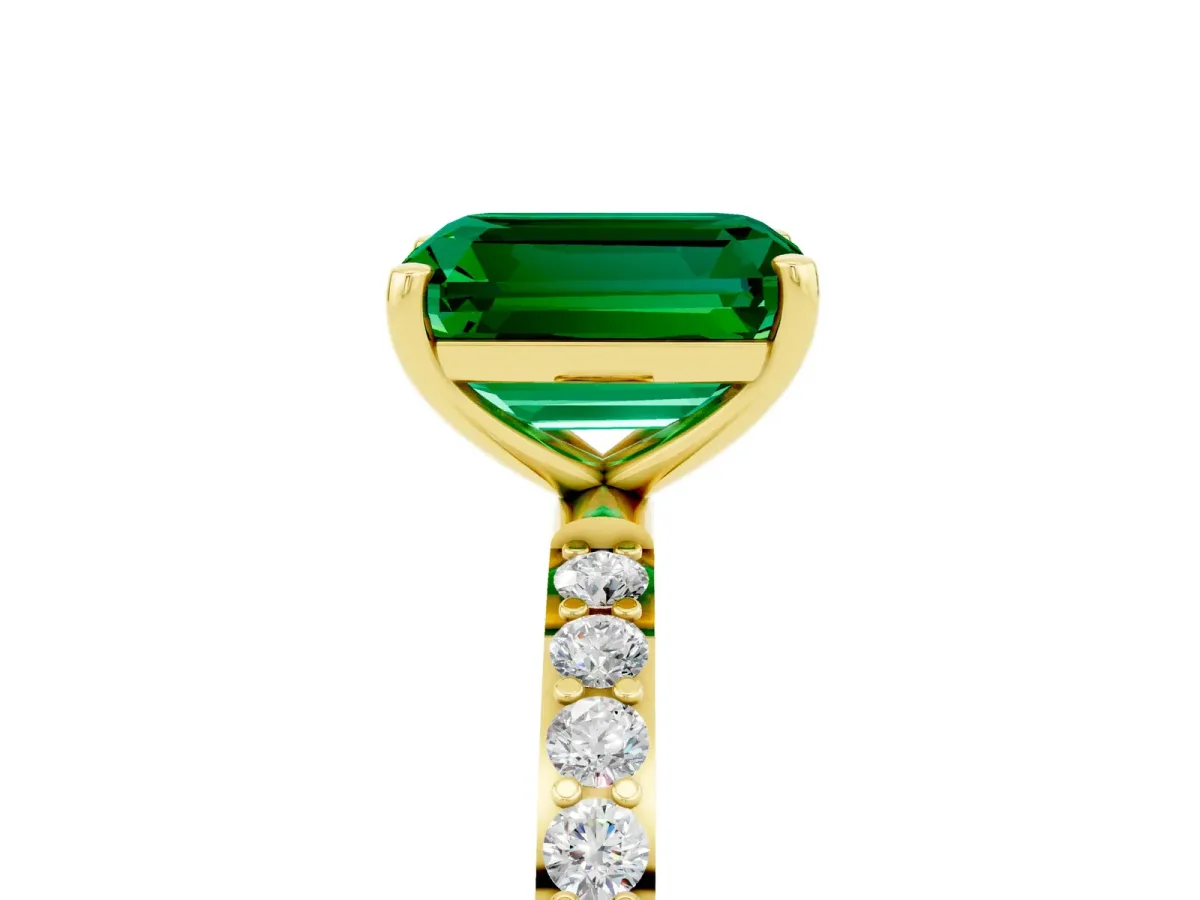 Emerald Cut Emerald Solitaire Ring with Round Pavé Band and Prong Setting Yellow gold