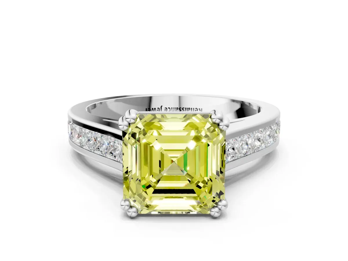 Fancy Yellow Asscher Cut Cut Channel Set Solitaire Engagement Ring with Prong Setting Platinum