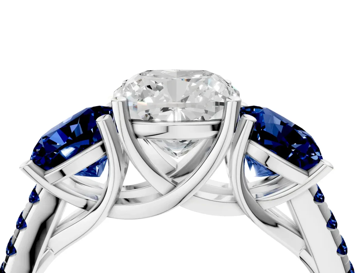 Three-Stone Cushion Cut Diamond Ring with Round Blue Sapphire Pavé Band and Prong Setting Silver
