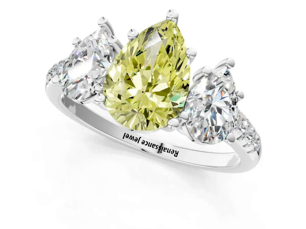Fancy Yellow Three-Stone Pear Cut Diamond Ring with Round Pavé Band and Prong Setting Silver