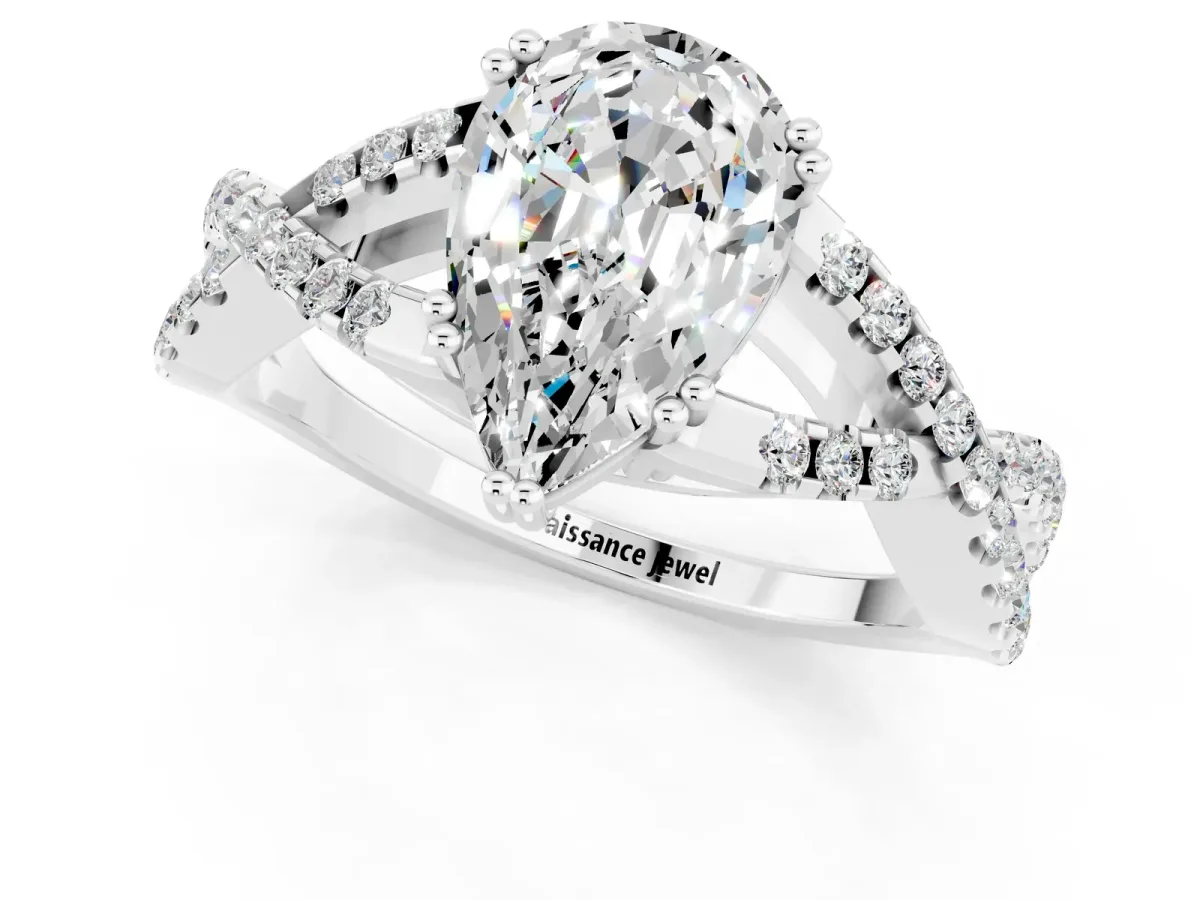 Pear Cut Moissanite Solitaire Ring with Four-Prong Setting and Twisted Pavé Band Platinum