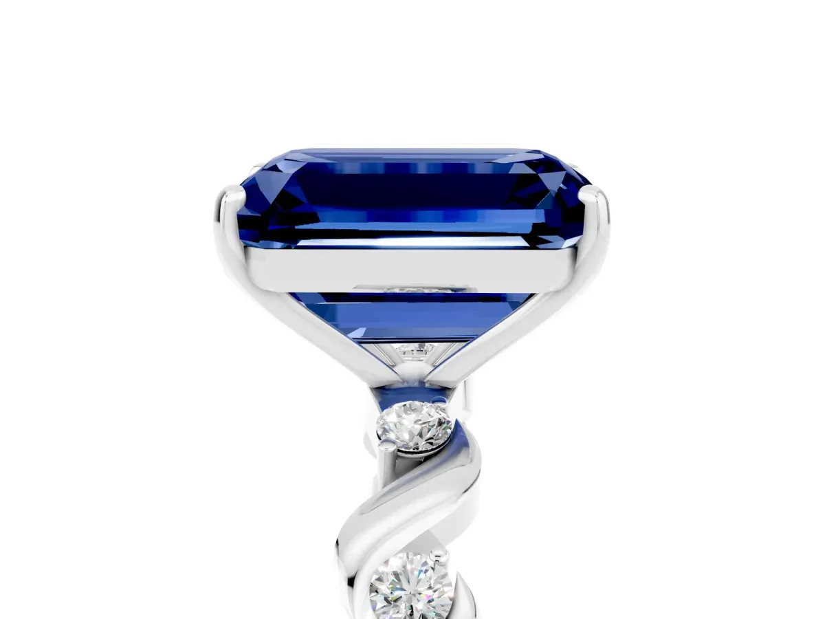 Emerald Cut Blue Sapphire Solitaire Twisted Band with Round Accents and Prong Setting Silver