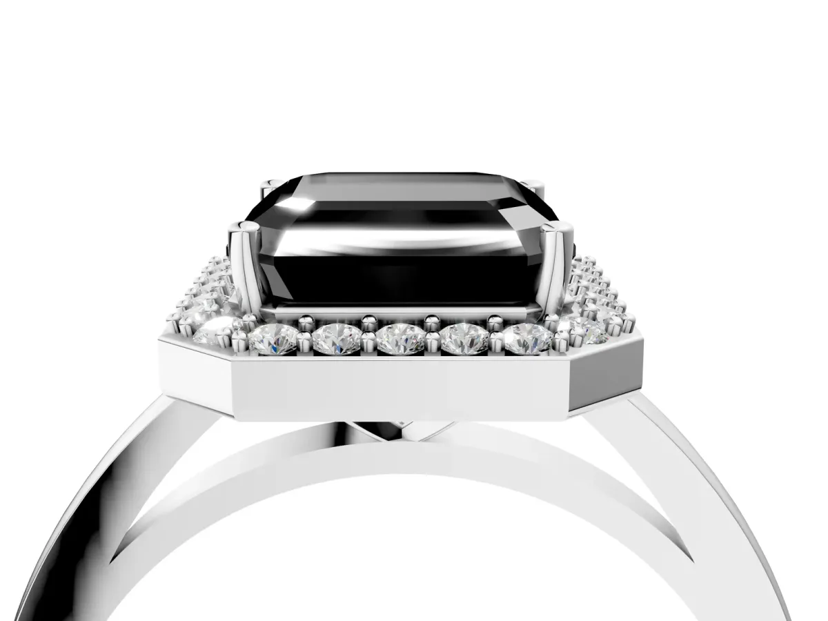 Fancy Black Asscher Cut Halo Diamond Ring with Solitaire Band and Prong Setting Platinum