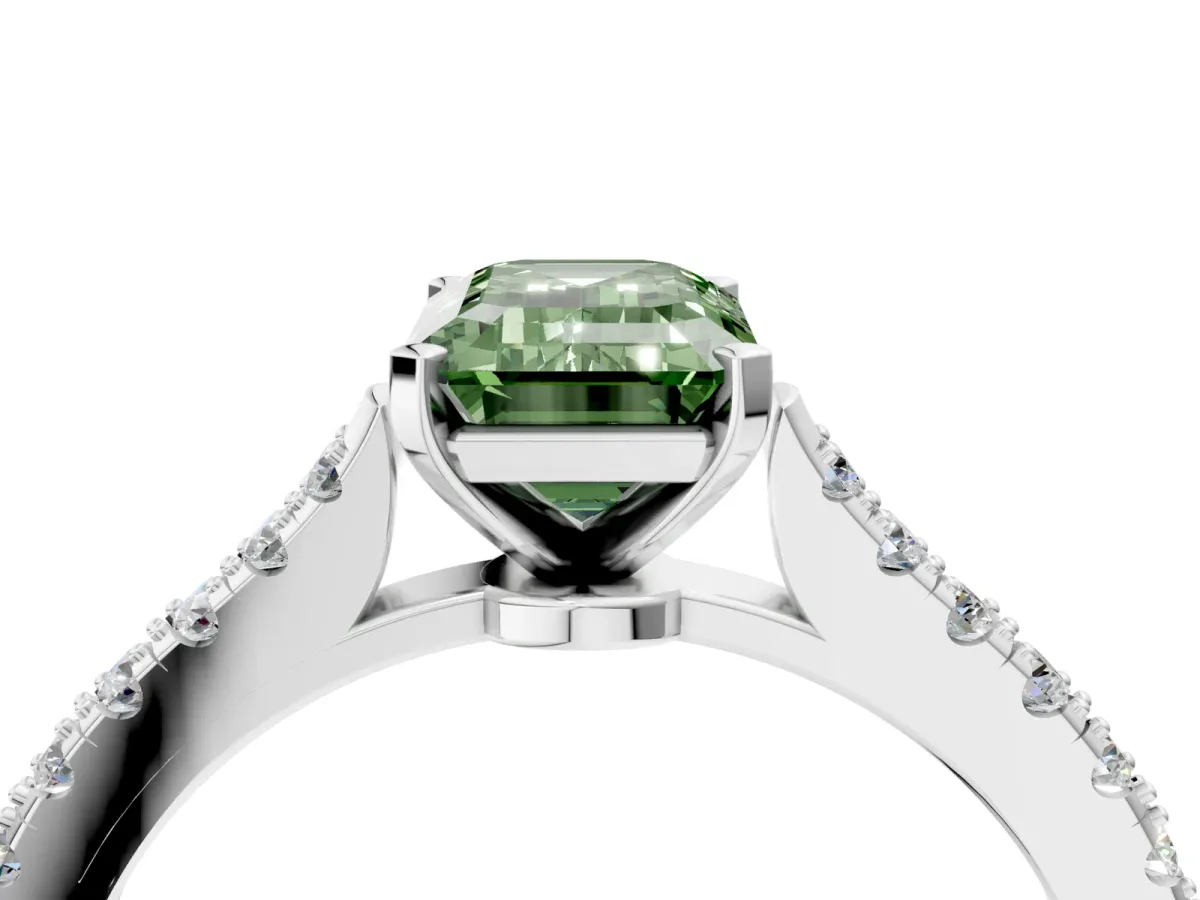 Fancy Green Emerald Cut Cut Solitaire Diamond Engagement Ring with Pave Band and Four-Prong Setting Silver