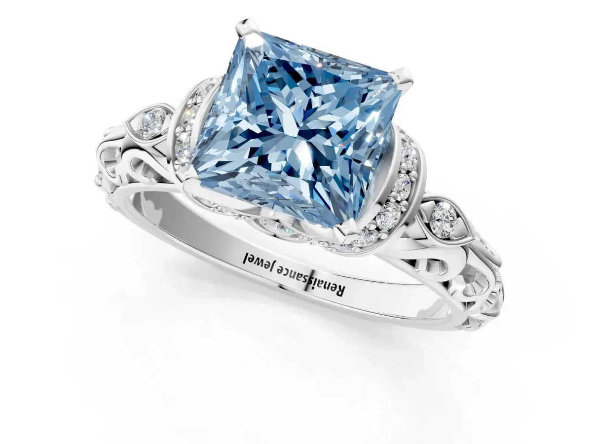Fancy Blue Princess Cut Diamond Solitaire Ring with Filigree Band and Four-Prong Setting Silver