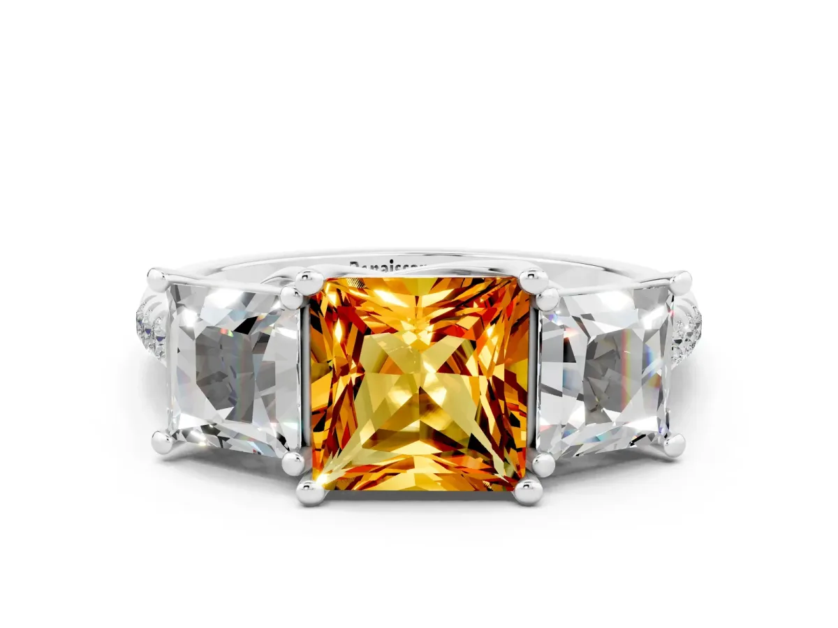 Three-Stone Princess Cut Citrine Ring with Round Pavé Band and Prong Setting White gold