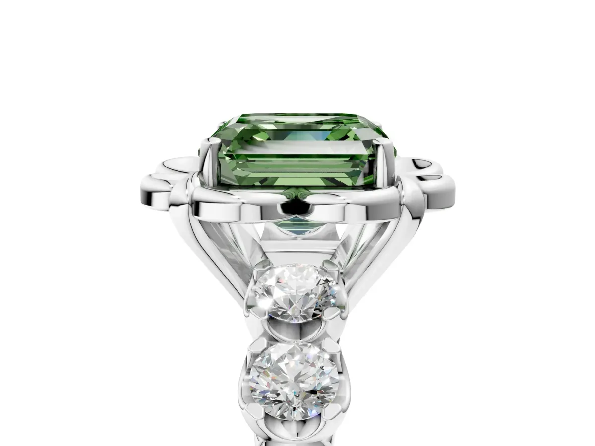 Fancy Green Asscher Cut Cut Diamond Floral Halo Engagement Ring with Shared Prong Setting Silver