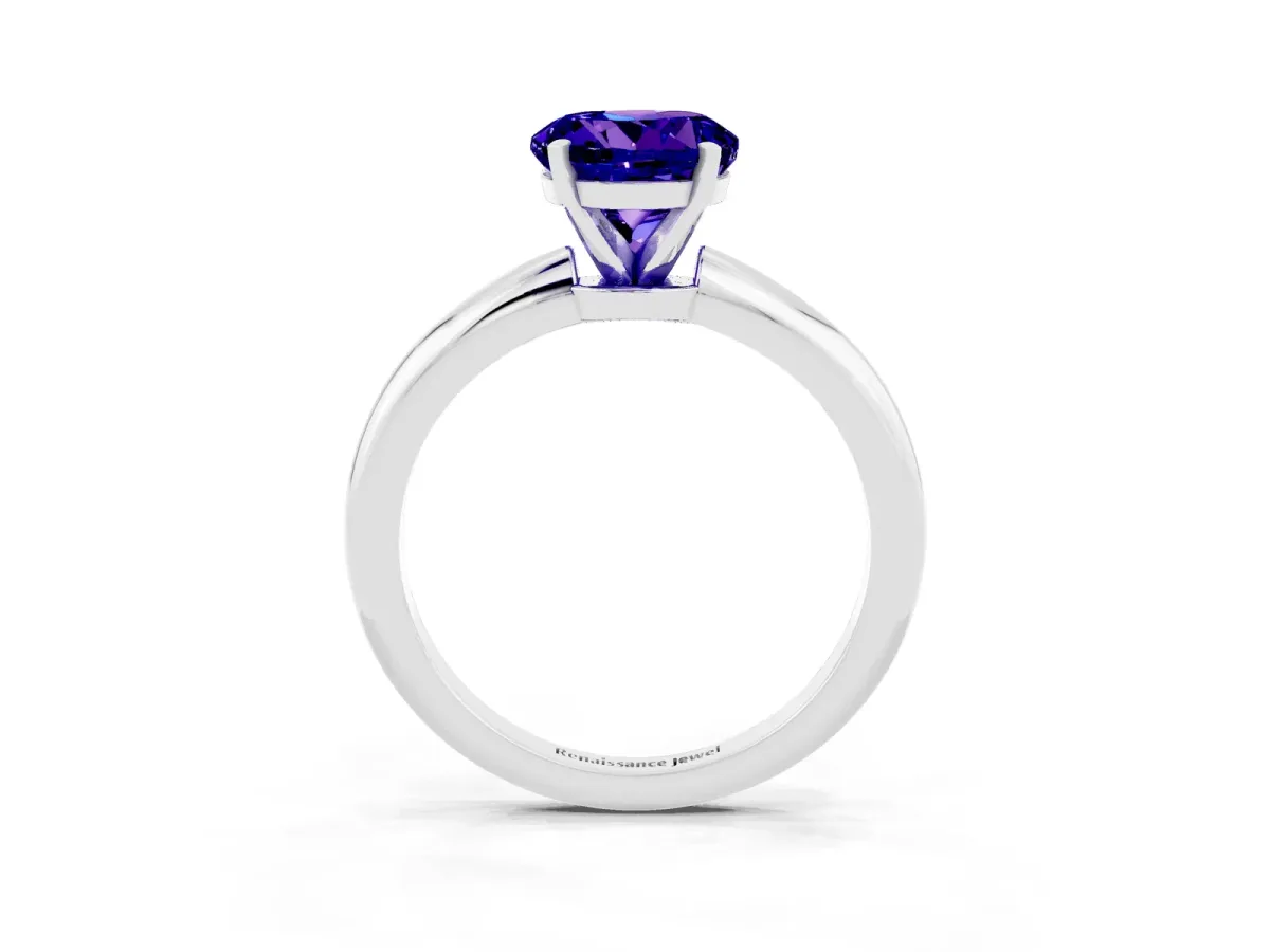 Round Cut Tanzanite Solitaire Ring with Six-Prong Setting and Classic Band Silver