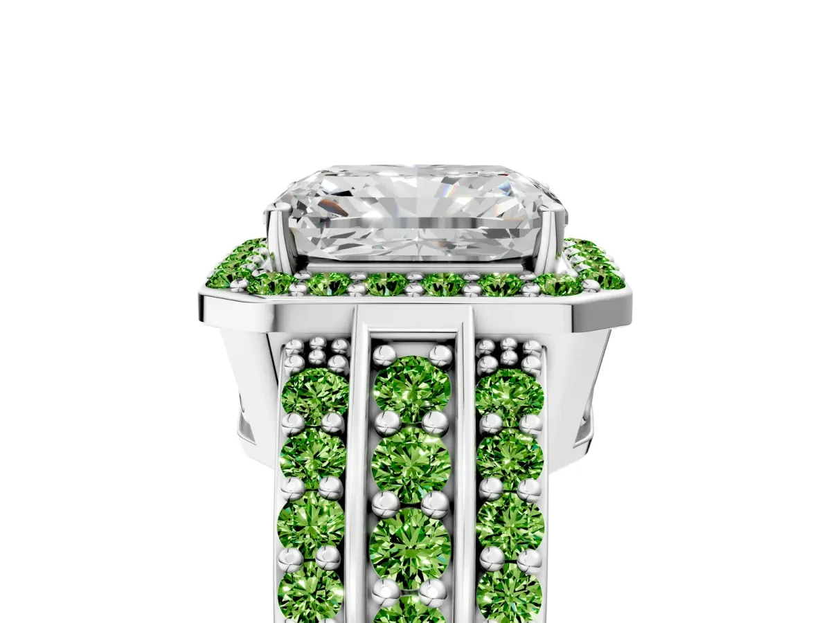 Radiant Cut Halo Diamond Ring with Round Peridot Split Shank and Prong Setting Silver