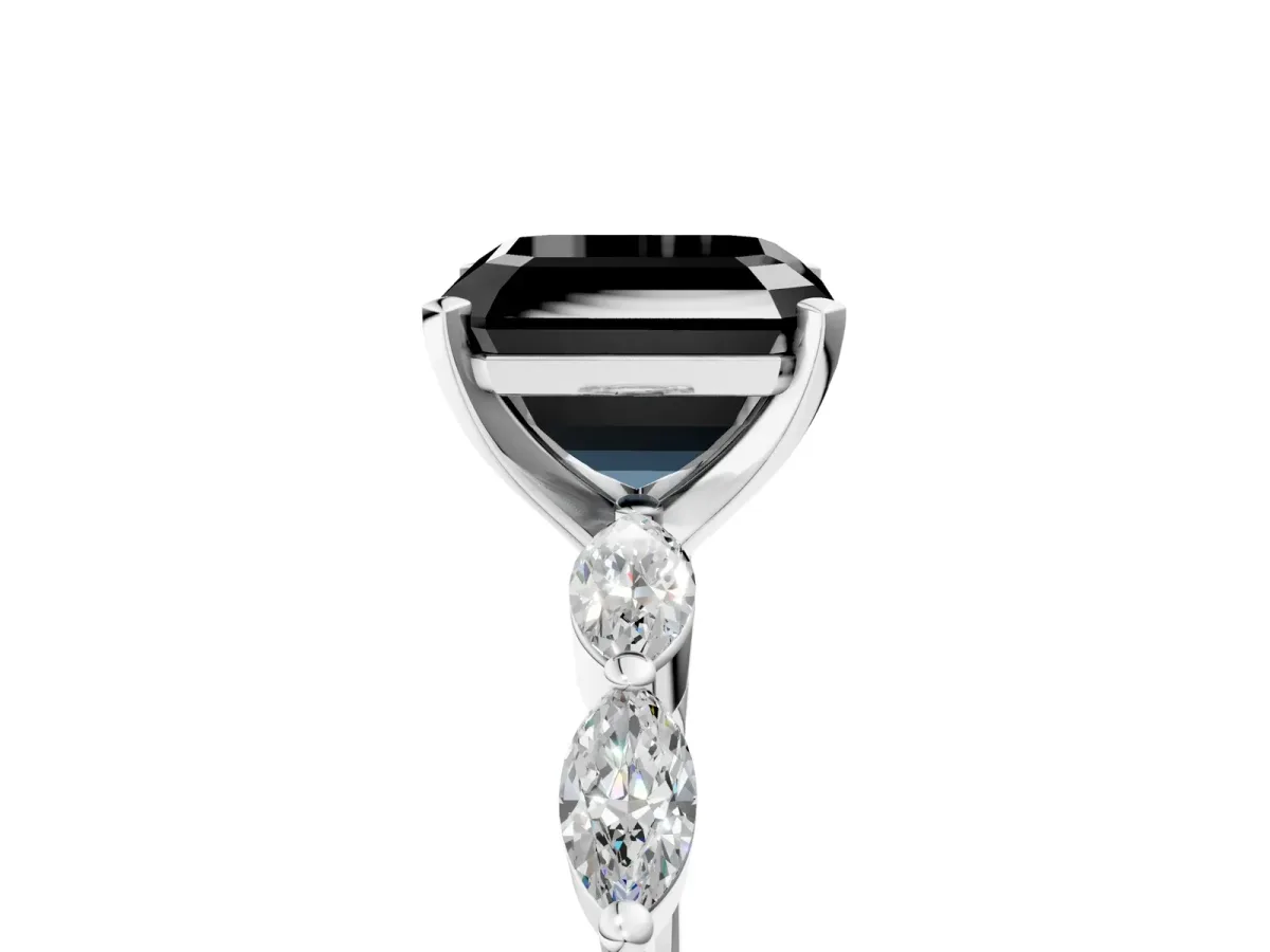 Fancy Black Asscher Cut Diamond Ring with Marquise Side Stones and Prong Setting Platinum