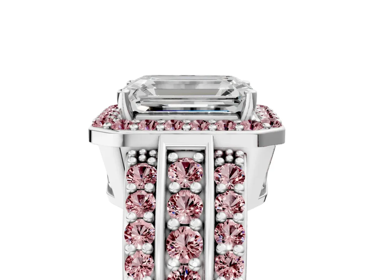 Emerald Cut Halo Diamond Ring with Round Morganite Split Shank and Prong Setting Silver