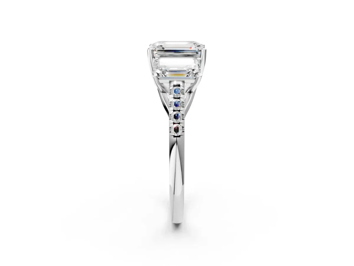 Three-Stone Emerald Cut Diamond Ring with Round Moissanite Pavé Band and Prong Setting Silver