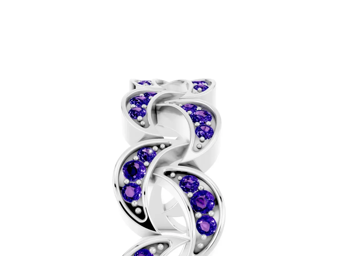Pavé Round Tanzanite Interlocking Eternity Band with Bezel Prong Setting White gold