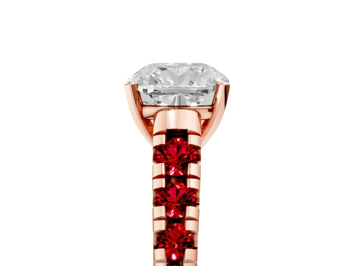 Cushion Cut Diamond Cathedral Solitaire Ring with Round Ruby Pavé Band Rose gold
