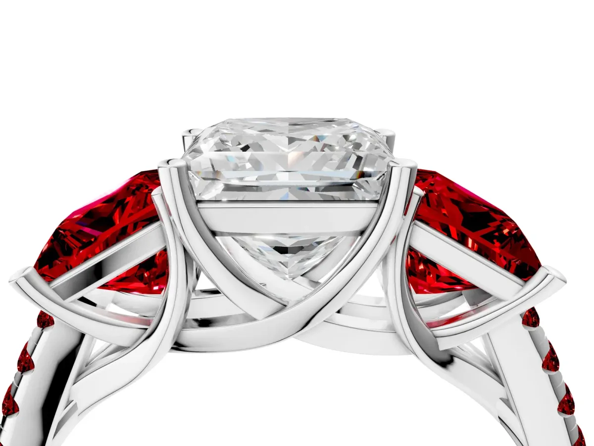 Three-Stone Princess Cut Diamond Ring with Round Ruby Pavé Band and Prong Setting Silver