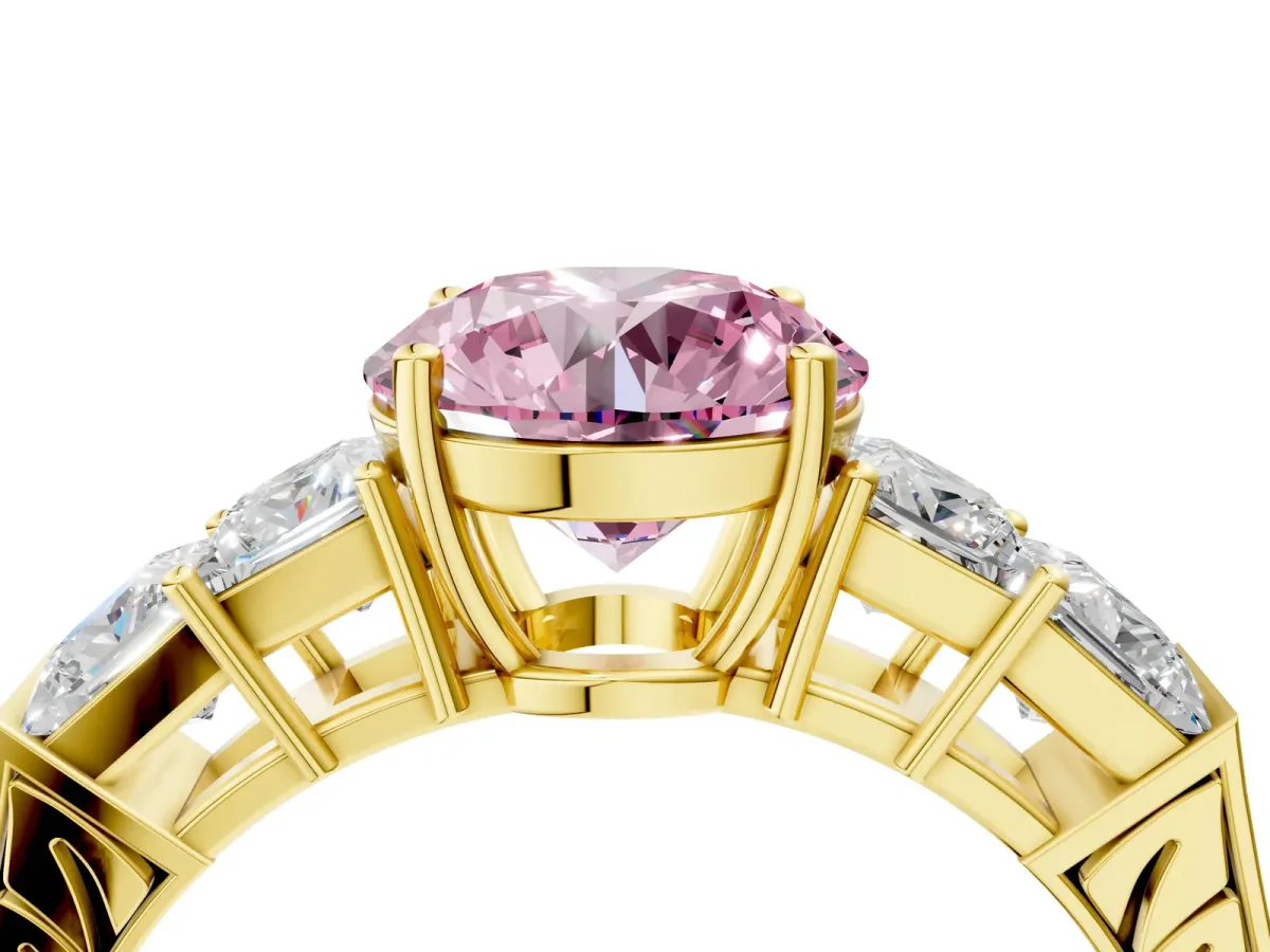 Fancy Pink Round Cut Solitaire Princess Side Stone Engraved Band Prong Setting Ring Yellow gold