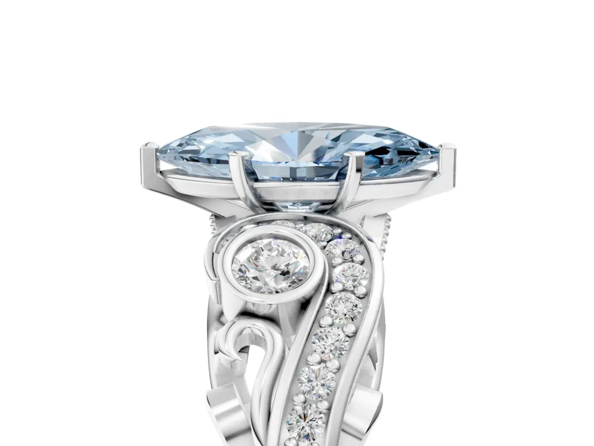 Fancy Blue Marquise Cut Diamond Solitaire Ring with Milgrain Pavé Band and Four-Prong Setting Silver